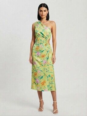 NWOT Lime Green One-Shoulder Floral Midi Dress Size S/6